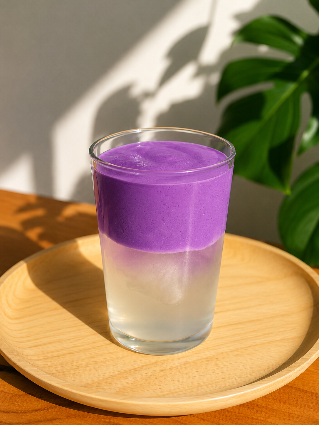 Ube latte met paarse laag in een glas op een houten dienblad