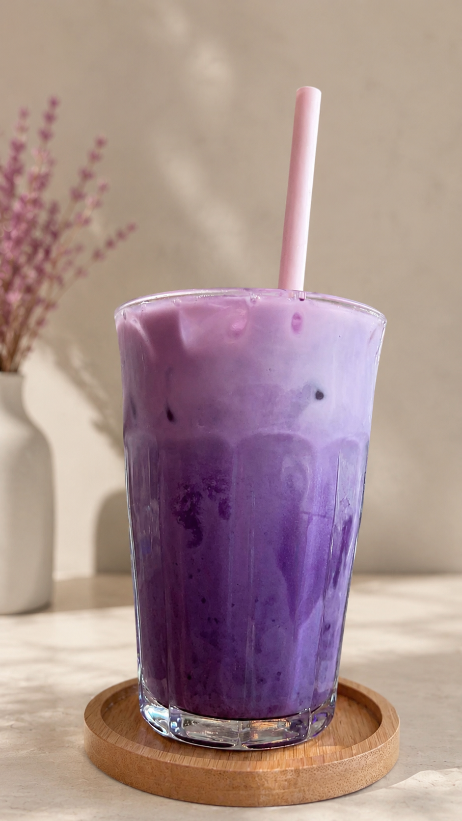 Romige iced ube latte in een glas met ijsblokjes en een roze rietje