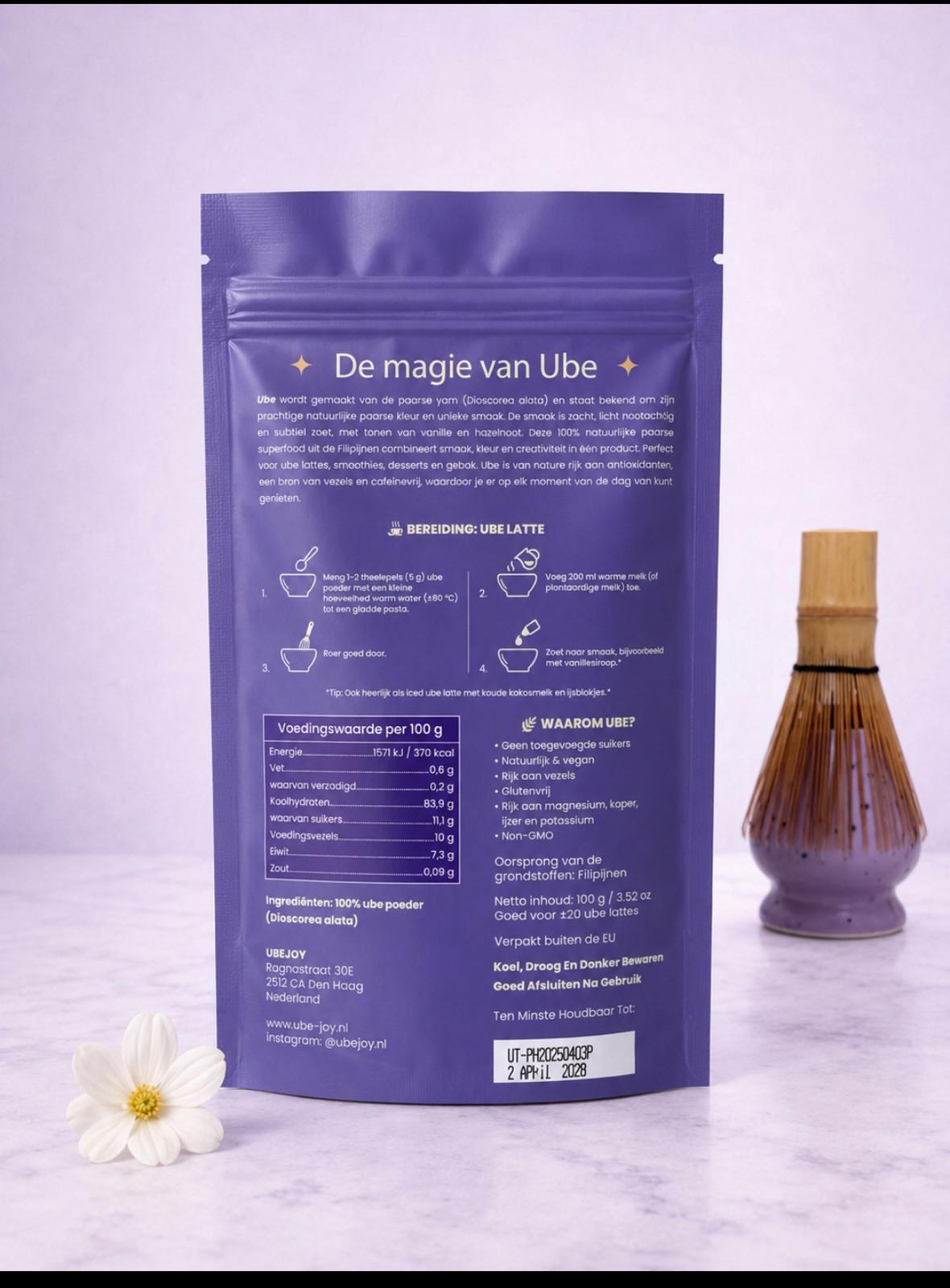 UbeJoy 100% Premium Ube Poeder 100g achterkant verpakking